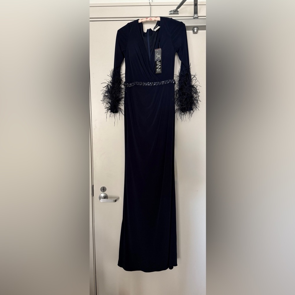 Jovani Midnight Blue Long Sleeve Gown with Feather Details NWT!!